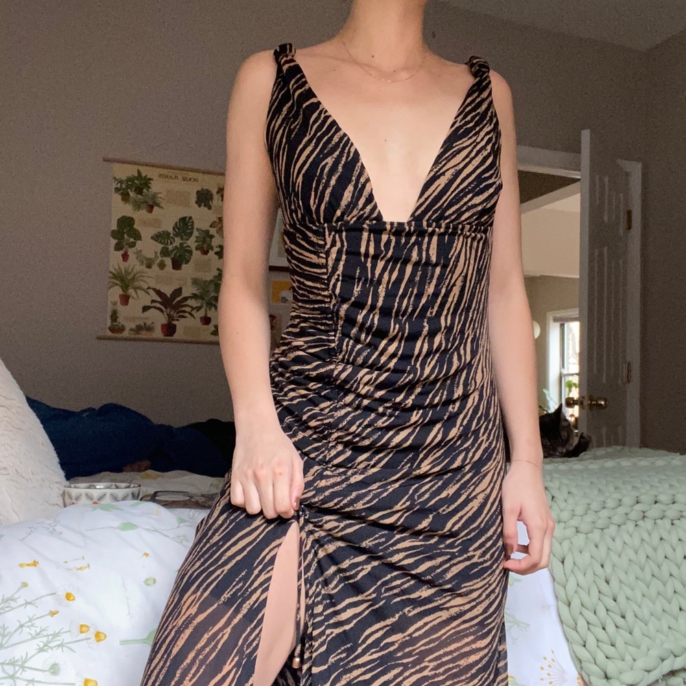 Free People Black and Tan Zebra-Print Midi Dress